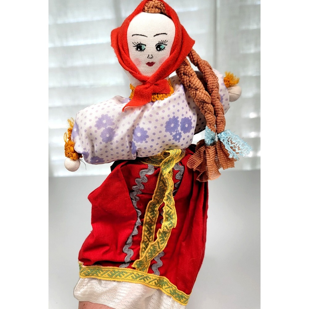 Vintage Russian Folk Doll 1993 Handmade 12" Plush Fabric Cloth Girl Painted Face